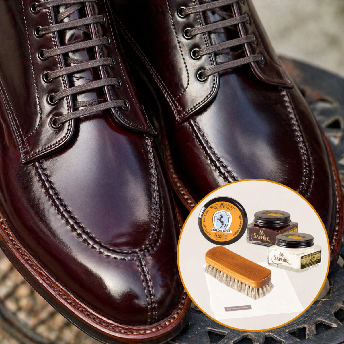 Cordovan boots met Saphir Médaille d'Or schoenpoetssets