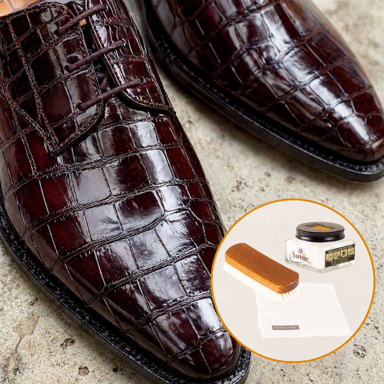 Croco leer schoenen met Saphir Médaille d'Or verzorgingsset