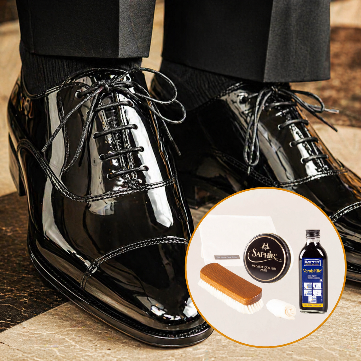 Schoenen van lakleer met onderhoudsset van The Shoe Care Shop
