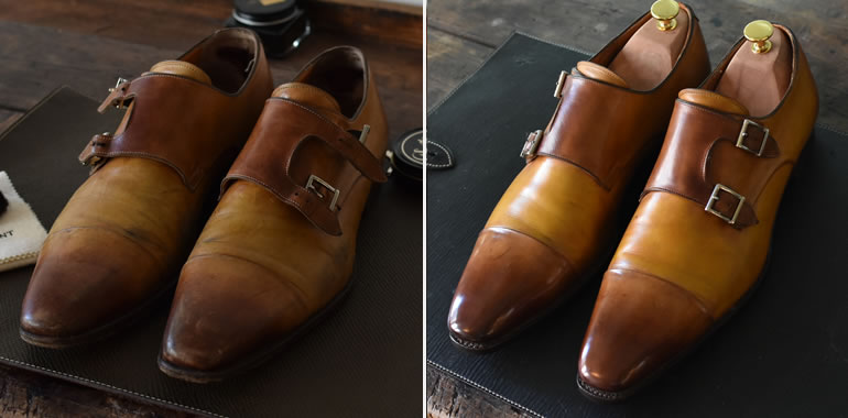 Twee paar bruine leren schoenen, voor en na schoenpoetsen, met een glanzende afwerking en houten schoenspanners.